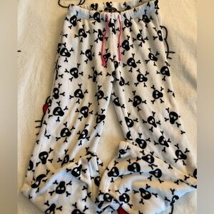 Y2K white fuzzy skull and crossbones pajama pants